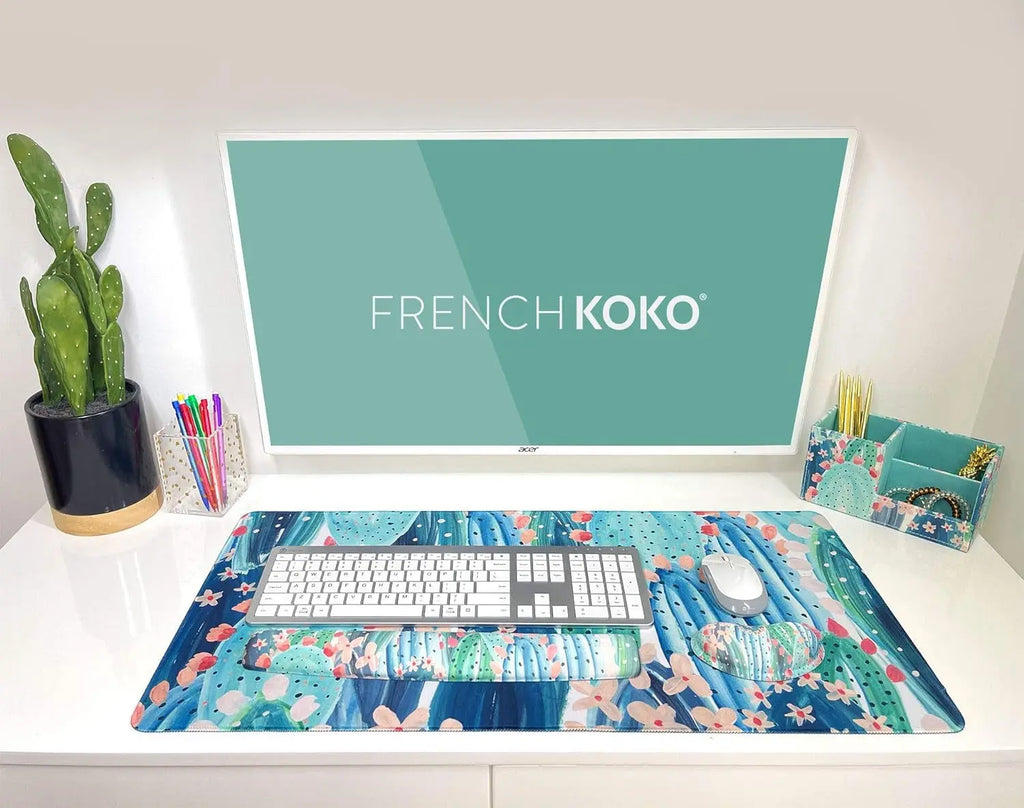 Large Mouse Pad Long Desk Mat Keyboard Pad Desktop Accessories Home School College Decor Supplies Pretty Extended Mousepad Big Office Essentials Women Girls XL Plant Pink Green Cute Cactus