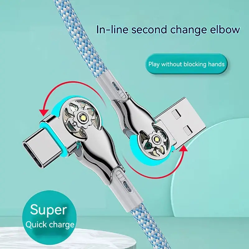 Fast Charging Cable 180 Degree Elbow Rotation USB a to Type C Cable with Light Zinc Alloy Braided Data Cable USB Micro Charger