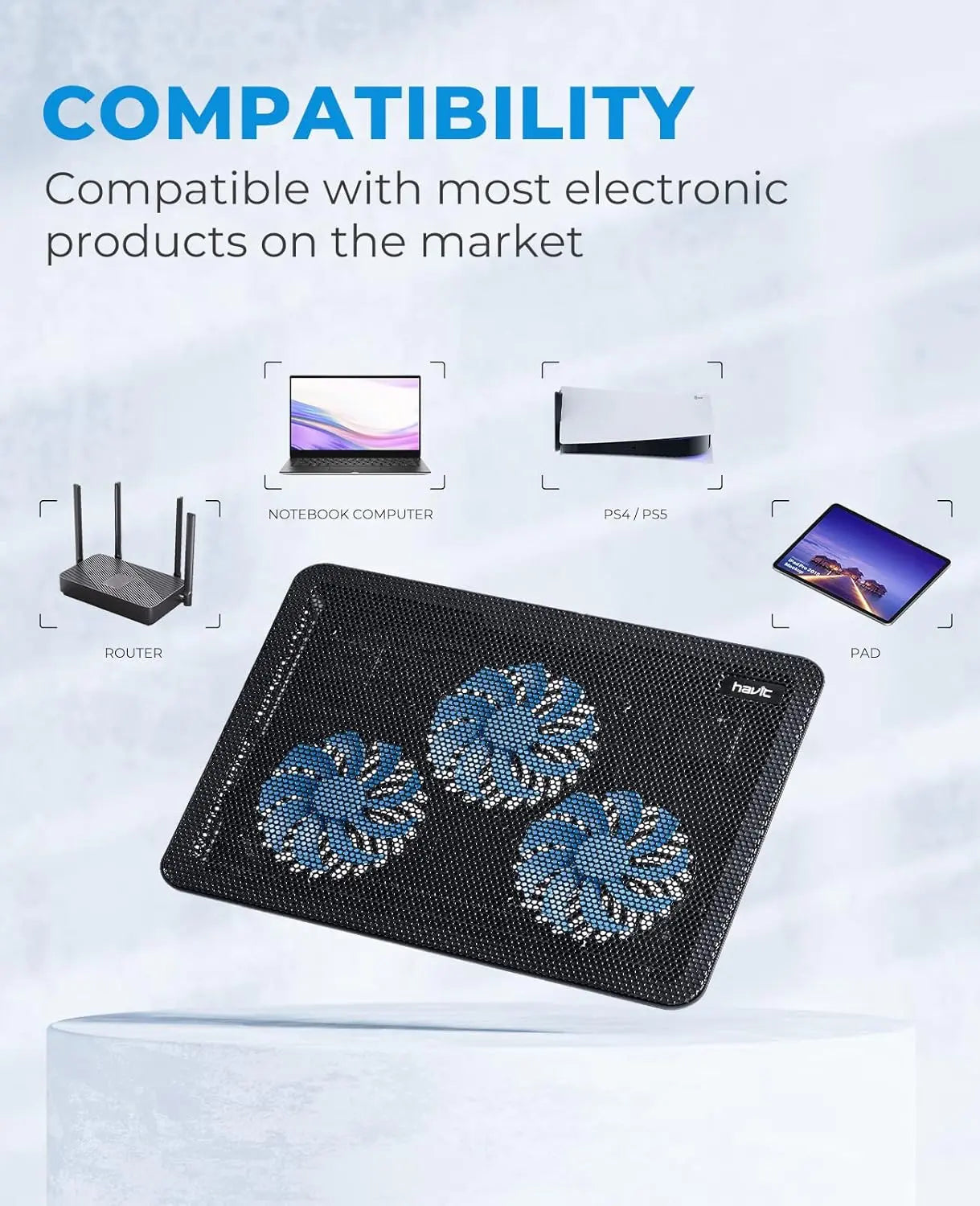 HV-F2056 15.6"-17" Laptop Cooler Cooling Pad - Slim Portable USB Powered (3 Fans), Black/Blue