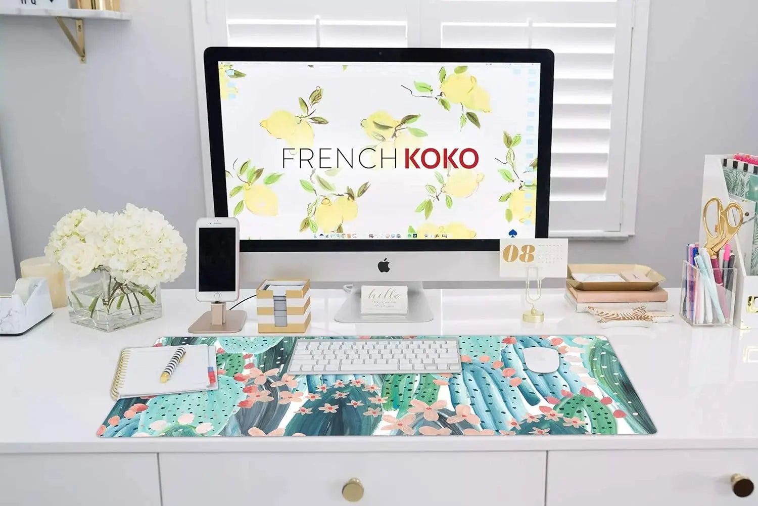 Large Mouse Pad Long Desk Mat Keyboard Pad Desktop Accessories Home School College Decor Supplies Pretty Extended Mousepad Big Office Essentials Women Girls XL Plant Pink Green Cute Cactus