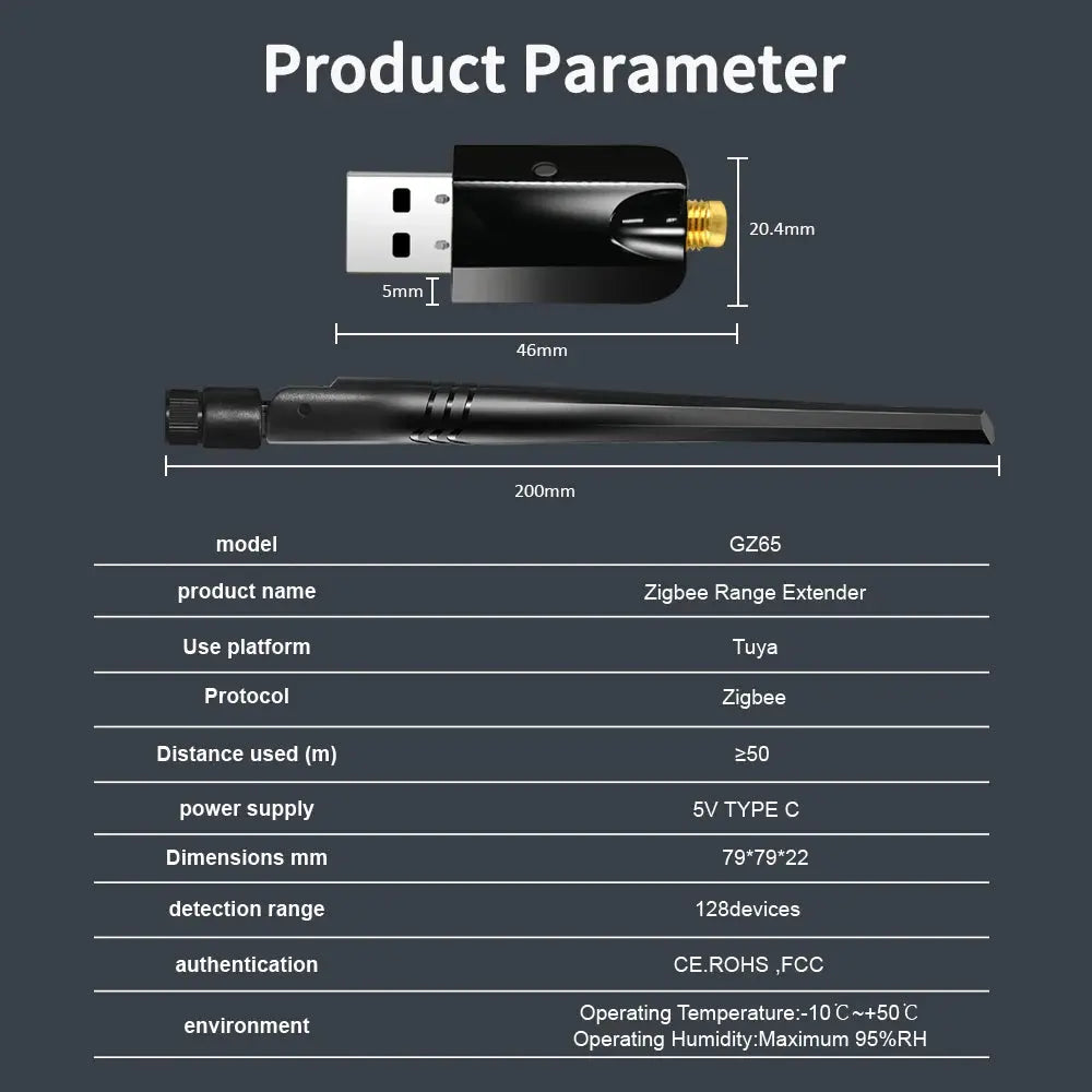 Zigbee Range Extender - High-Gain USB Gateway with Detachable Antenna for Enhanced Smart Life Connectivity